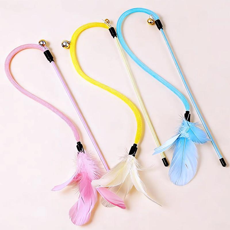 Cat Toys Feather Sticks Cat Toys Interactive Feather Toy for Cats Teasing Long Handle Stick Cats Toy with Bell Pet Supplies