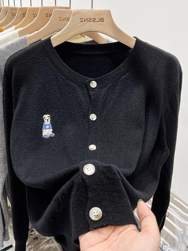 Retro Schwarzer Strick-Cardigan mit Bärenstickerei für Damen - Herbst/Winter Kollektion