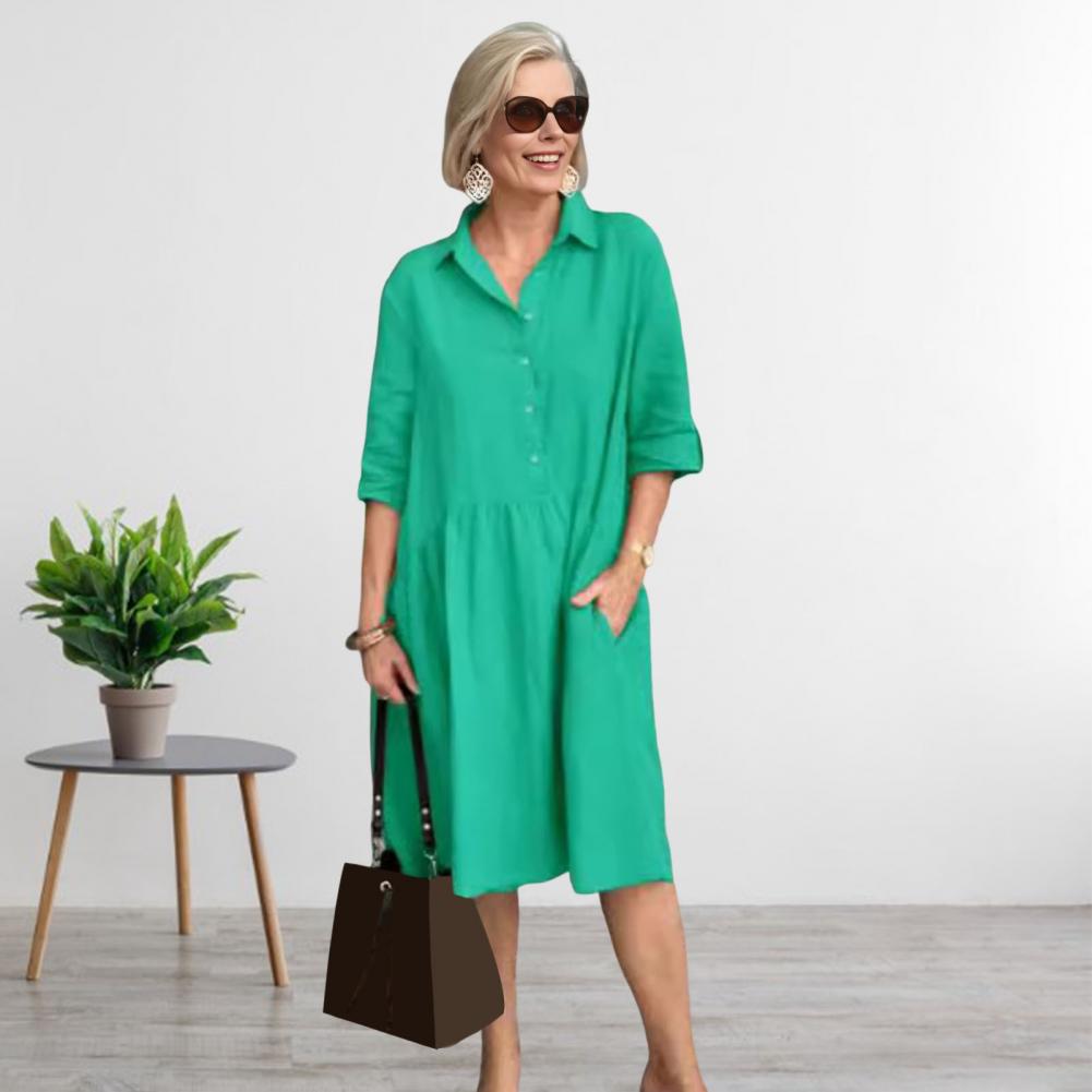 Dámské šaty A-line s límečkem Vintage Jednobarevné Kapsa Midi Šaty Volné Ležérní Letní Krátký Rukáv Šaty na Párty Cestování Buďte