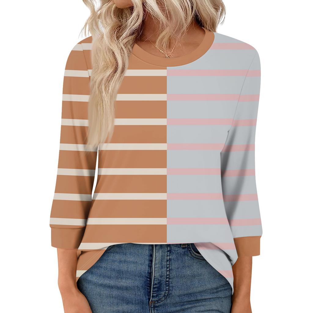 Women's Fashion Casual Seven Sleeve T-Shirt Print Round Neck Top