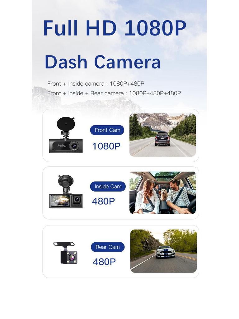 3-Channel 1080P WiFi Dashcam with Infrared Lights for Interior, Exterior, and Rear Recording