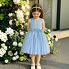 Mädchen Sommerkleid 4-7 Jahre Blau Spitze Ärmellos Rundhals mit Blume