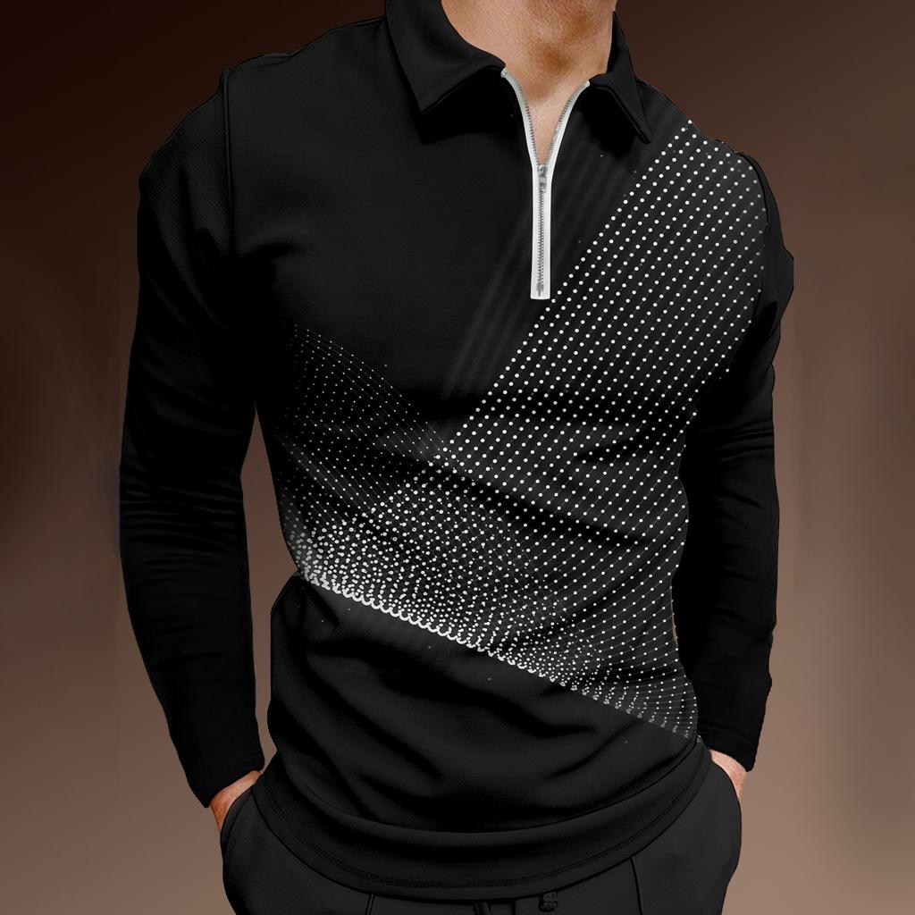 Herren-Revers-Langarm-bedrucktes Freizeit-Oberteil, lockeres Sport-Revers-Hemd