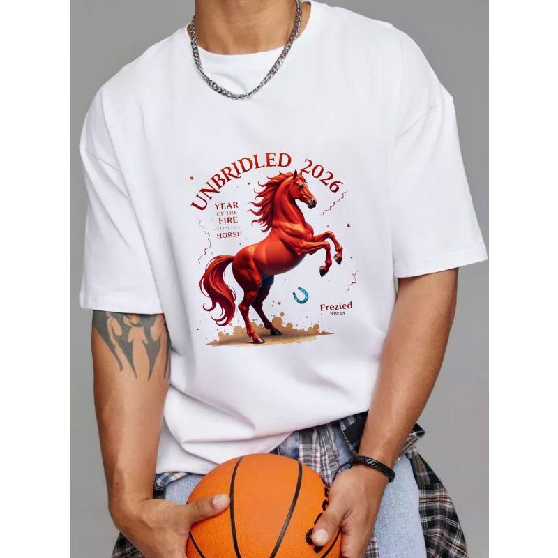 

Необузданный 2026 год Огненной Лошади Футболка Белый Красный Графика Лошади и Дизайн с Текстом для Повседневной Носки и Праздничного Торжества XXXXL белый