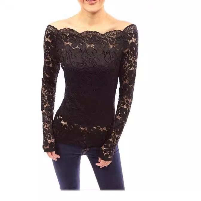 

A Lady s Off,the,shoulder Lace One,shoulder Collar Long,sleeved Hollowed,out Lace Blouse Exudes An Elegant Charm XL чорний