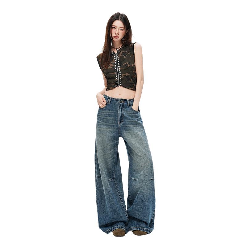 American retro waistless wide-leg jeans women's summer new hot girl loose and thin floor pants