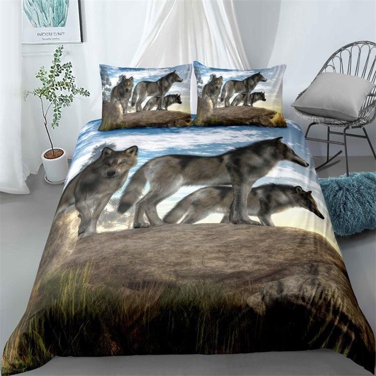 Wolf Howl Under The Moon Three-Piece 3D Digital Printing Quilt Cover Pillowcase Bedding