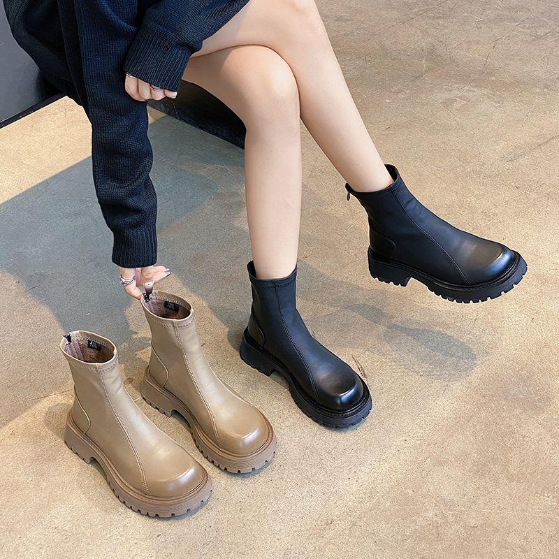 Round Toe Chunky Woman Short Shoes Autumn Winter Leather Waterproof Booties Fleece-Lined Ankle Boots for Women High Quality Boot