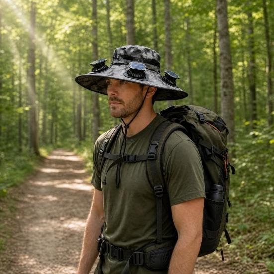 Wide-Brimmed Fan Hat with Solar USB Dual Fans Powered