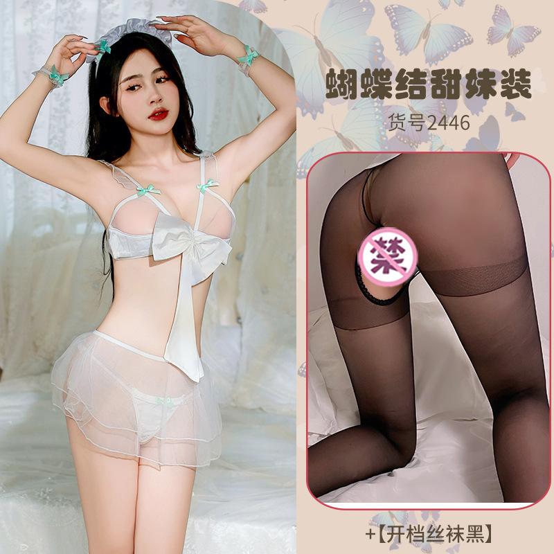 Sexy Lingerie Sexy Sweet Hollow Perspective Seduction Maid Dress Lace-up Bow Character Uniform Set
