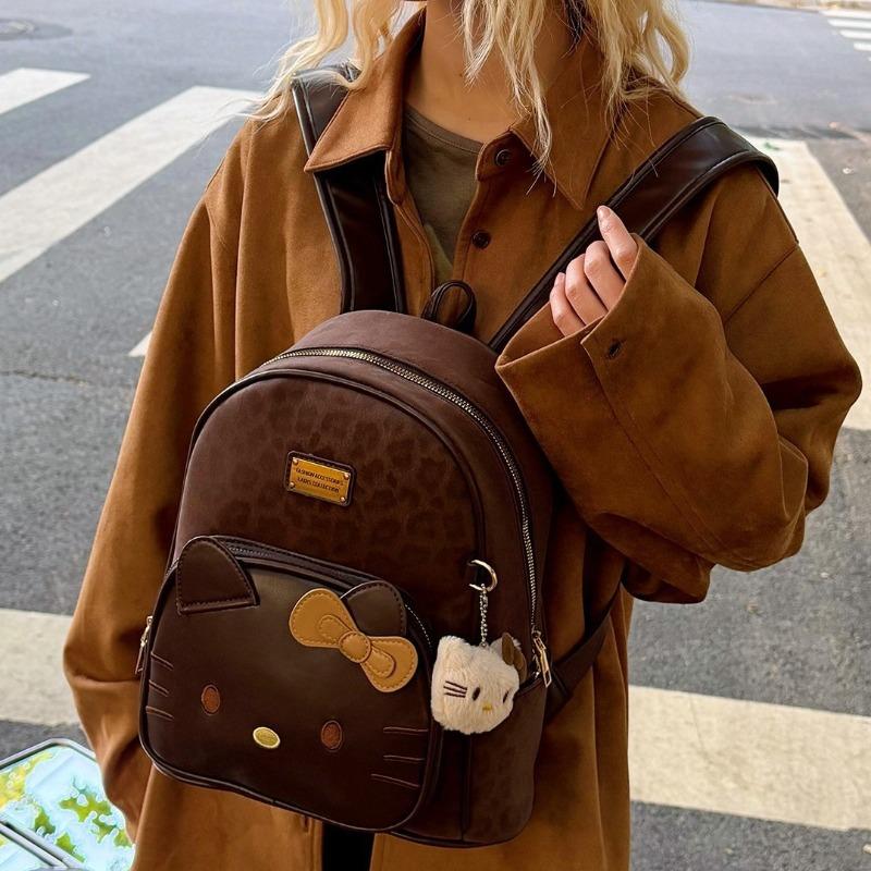 Leopard print cartoon cat backpack bag female niche design retro schoolbag versatile portable backpack