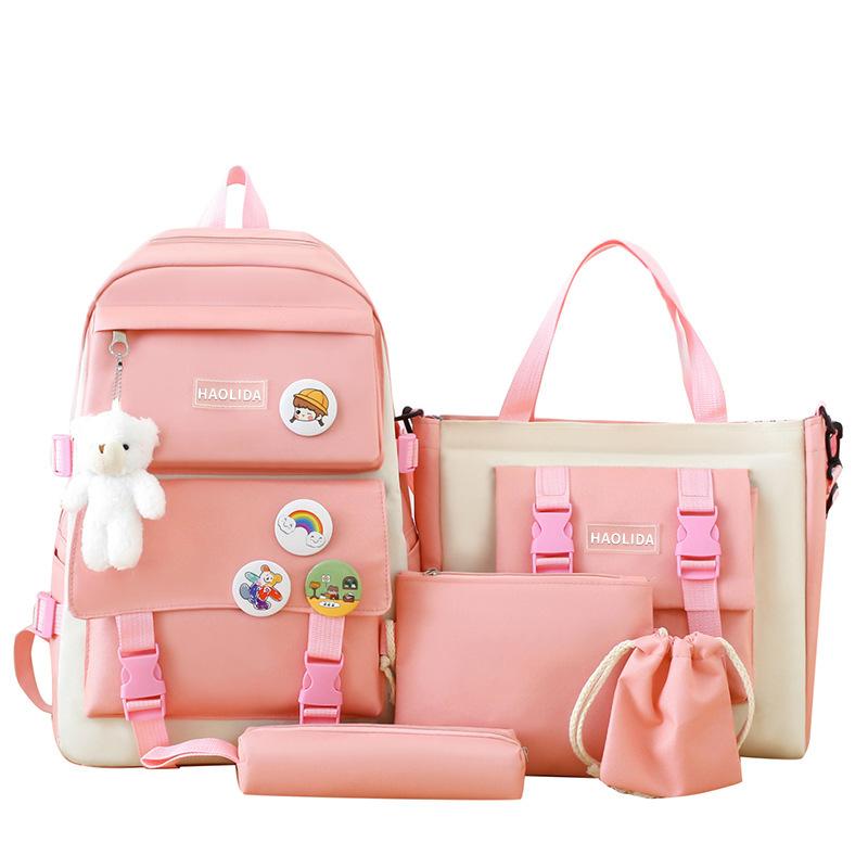 Schoolbag set backpack canvas four-piece set five-piece set student schoolbag Harajuku junior high school students class backpack wholesale