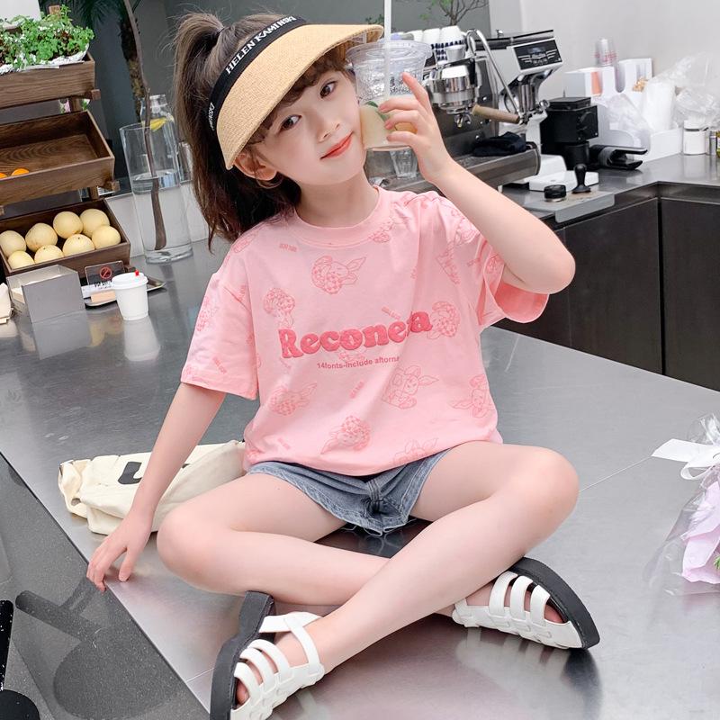 Girls Summer Loose Fit Cartoon Rabbit Print T Shirt for Big Kids