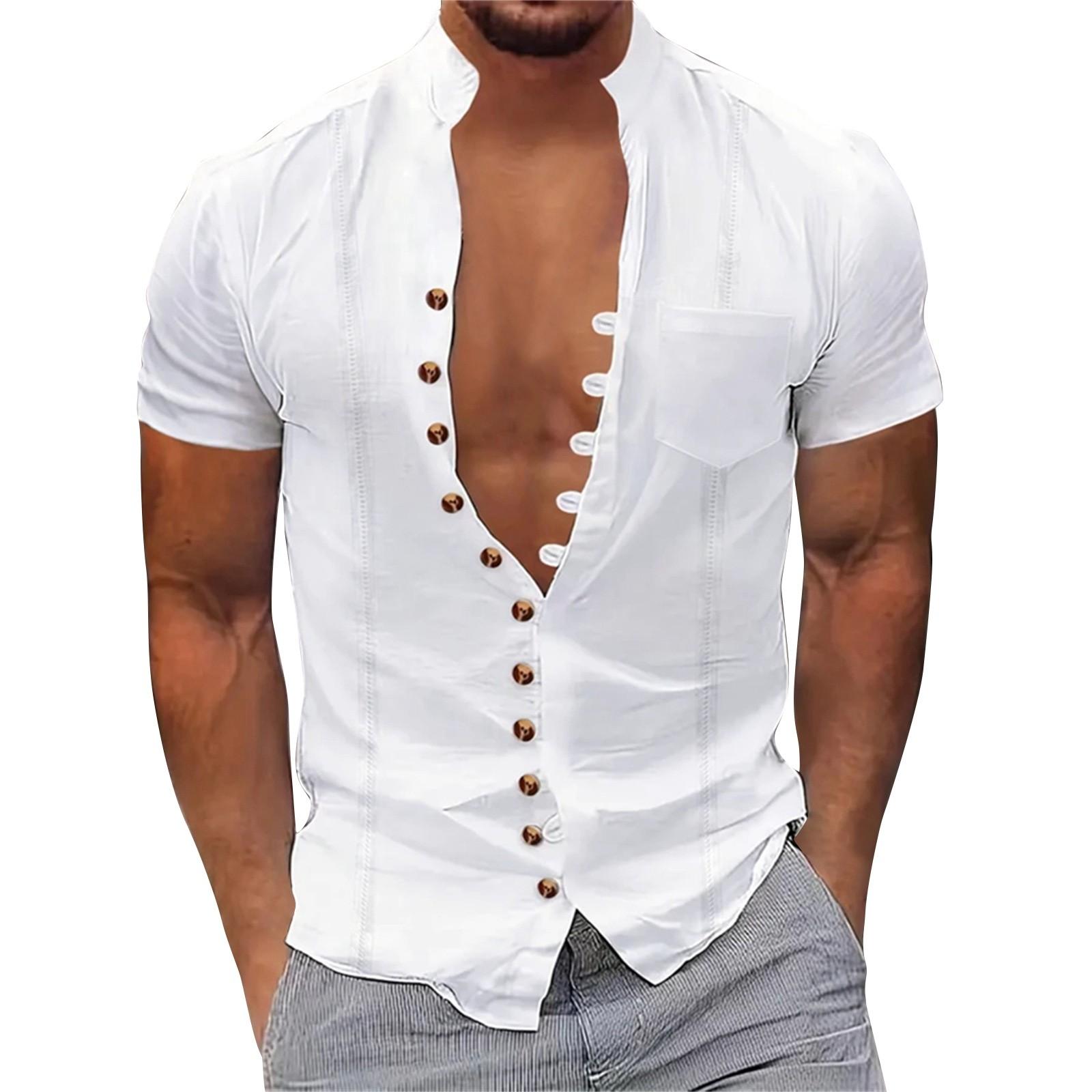 

Мужская летняя рубашка с коротким рукавом, однотонным карманом, полосками и пуговицами, мужские повседневные модные топы XXL белый