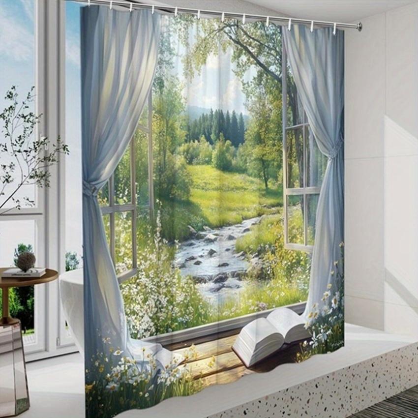 Oil Painting Style Shower Curtain - Wildflowers Meadow Scene, Polyester Bathtub Curtain With 12 Hooks, Ideal For Bathroom Decor