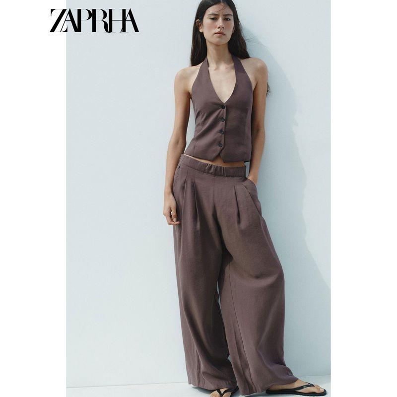Zaprha 2025 Summer New Versatile Pleated Design Mid-Waist Elastic Wide-Leg Casual Trousers 8338504