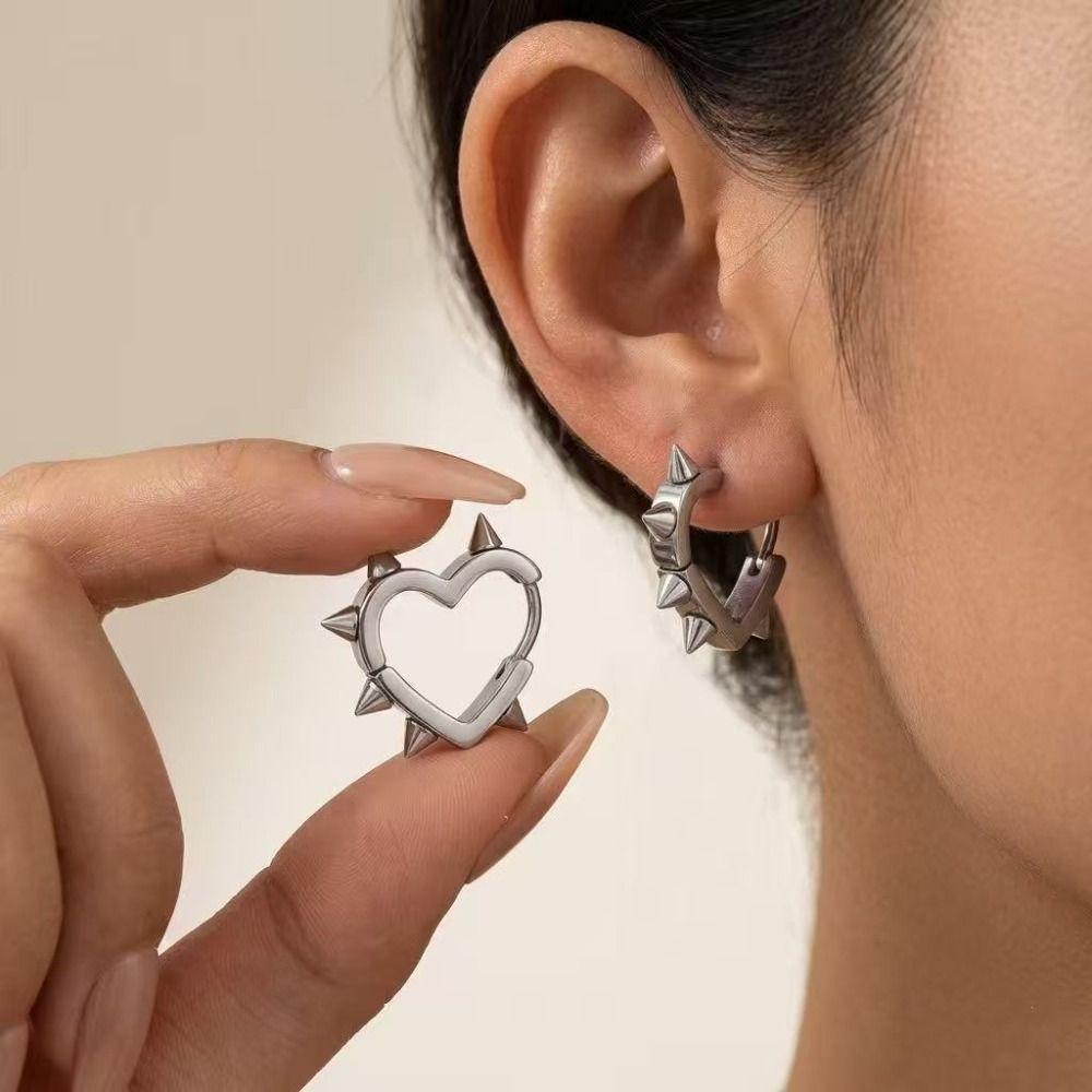 Geometric Design Heart Hoop Earrings Silver Color Rivet Earrings Cool Piercing Earrings For Women