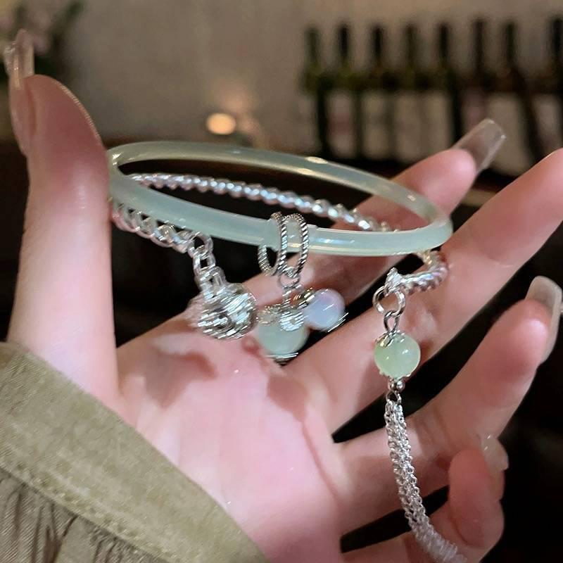 Simple  Green Bangle Tassel Double Spell Silver Opening Adjustable Bracelet For Women Vintage Jewelry Gifts