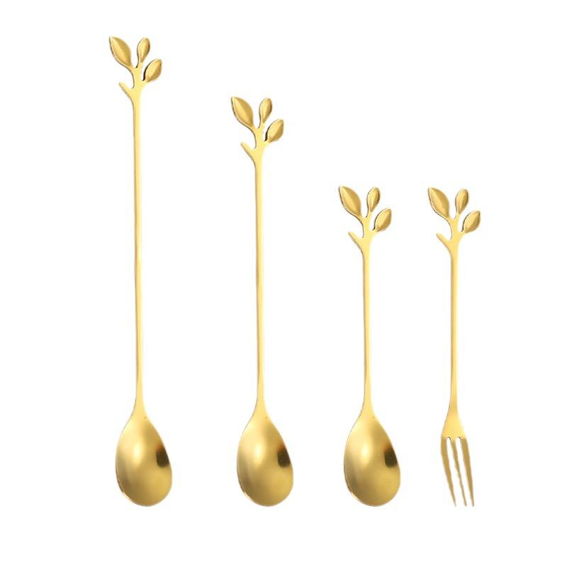 Stainless Steel Leaf Spoon & Fork Set - Long Handle for Coffee, Dining & Dessert