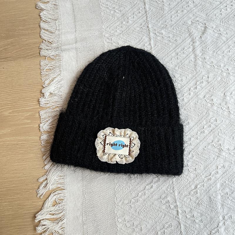 Label Knitted Hat Winter Thickened Warm Woolen Hat Fashion Versatile Lace Cloth Label Hat