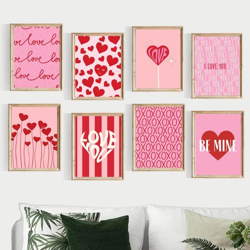 Valentines Day Pink Romantic Loving Heart Posters and Print Canvas Painting Wall Art Picture for Couple Lovers Room Home