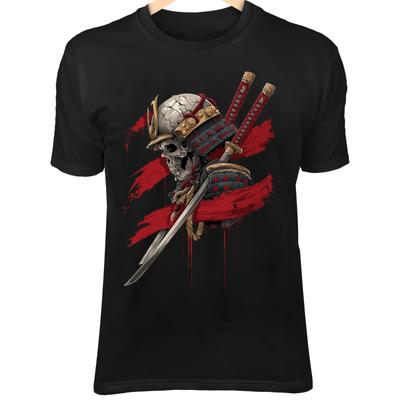 Samurai Totenkopf T-Shirt – Rissige Dämonenmaske, Blutiges Katana, Kriegszerstörte Gotische Kunst