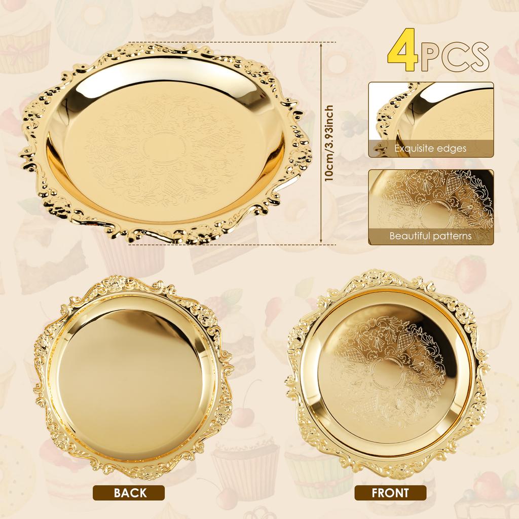 4 Stück Goldener Tablett Metall Eisen Goldene Platte Rund Schmuckschale Tablett für Dekoration Ornamente Buffet Obst Kuchen Partyzubehör