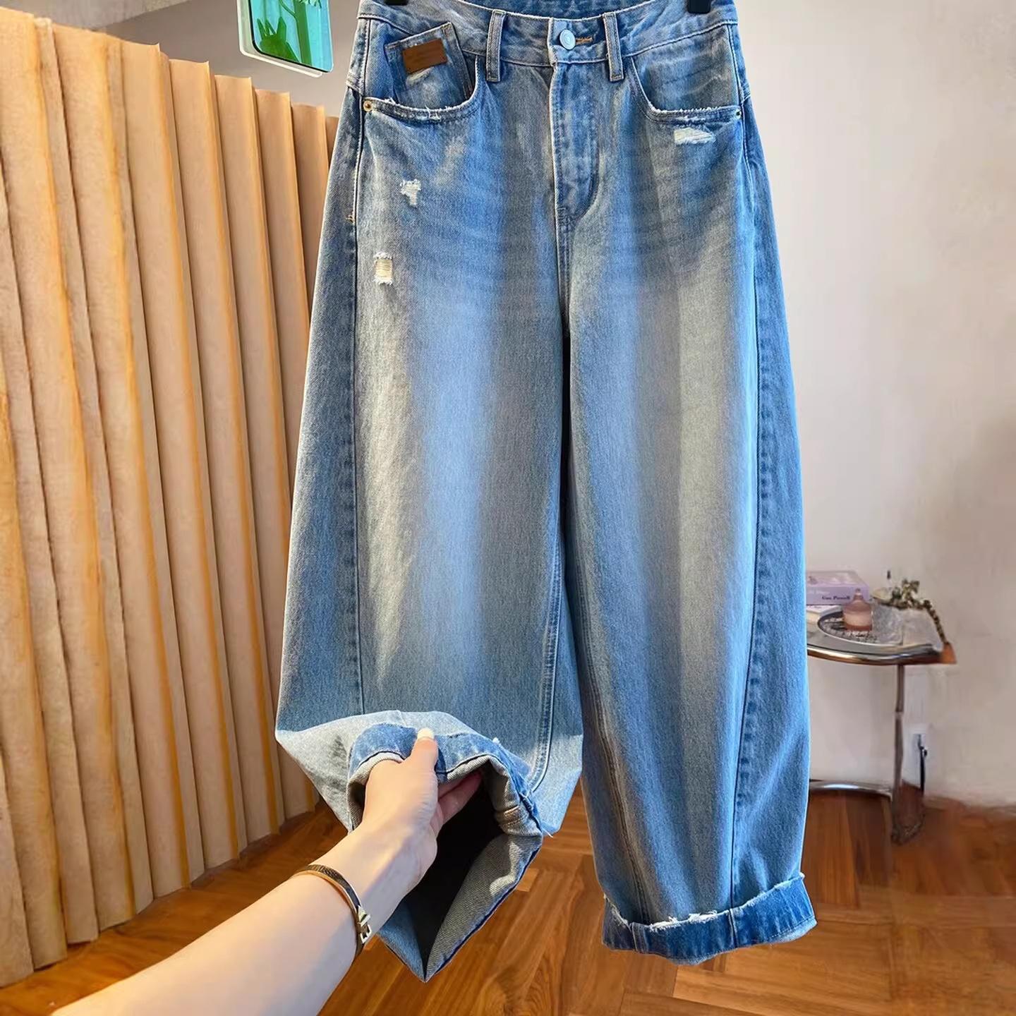 

Women s Distressed Washed High-Waist Harem Jeans, Slimming Plus Size, Versatile Loose Wide-Leg Pants for Spring-Summer 2026 S синій