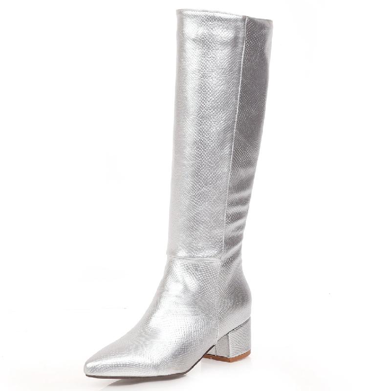 Western Cowboy High Boots for Women Winter Knee High Boots Snake Leather Pointed Low Heels Casual Long Shoes Female Large Size