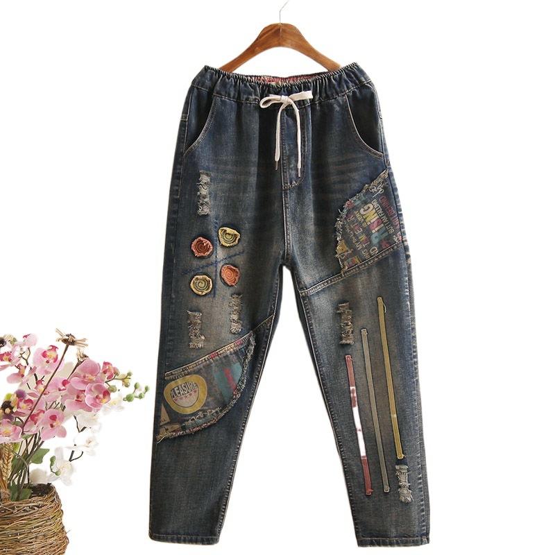 Damen Jeans Hose Elastischer Bund Lässig Übergröße Retro Patchwork Stickerei Harems Hose