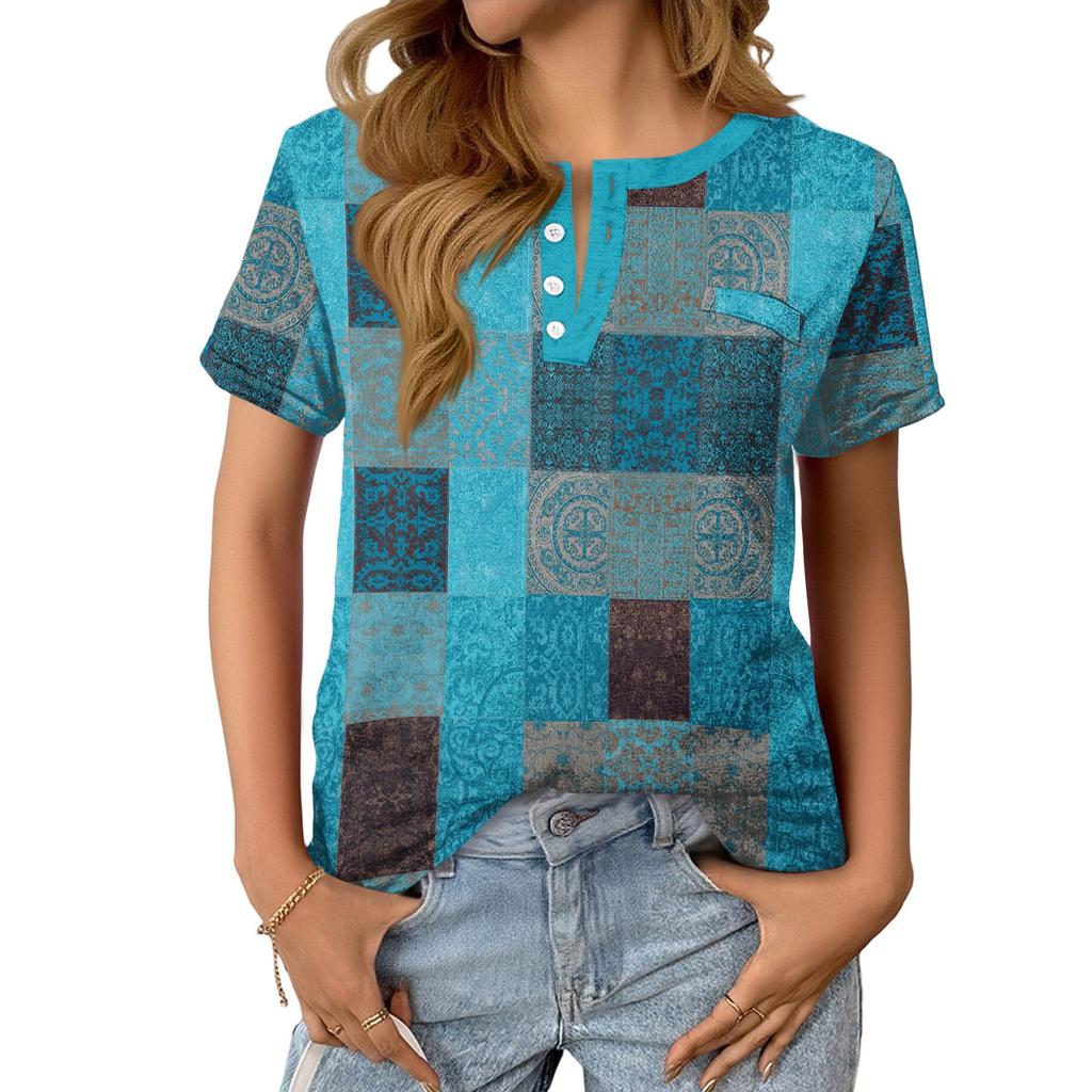 Women's Fashionable Casual Summer Plaid Print V-neck Button Short-sleeved Top