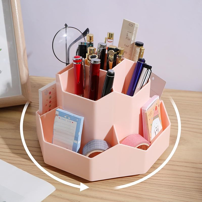 INSTOME Desktop Organizer with Pencil Holders,360°Rotating Pen Holder for Desk Organizer,9 Compartments and Makeup Brush Holders,Multifunctional розовый