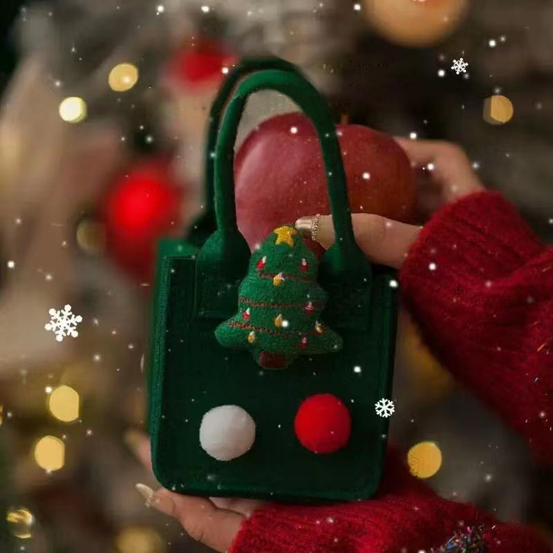 

1Pc Christmas Felt Gift Box - Creative Cartoon Handbag, Holiday Xmas Eve Gift Bag for Party Favors & Small Presents 14x16cm зелений