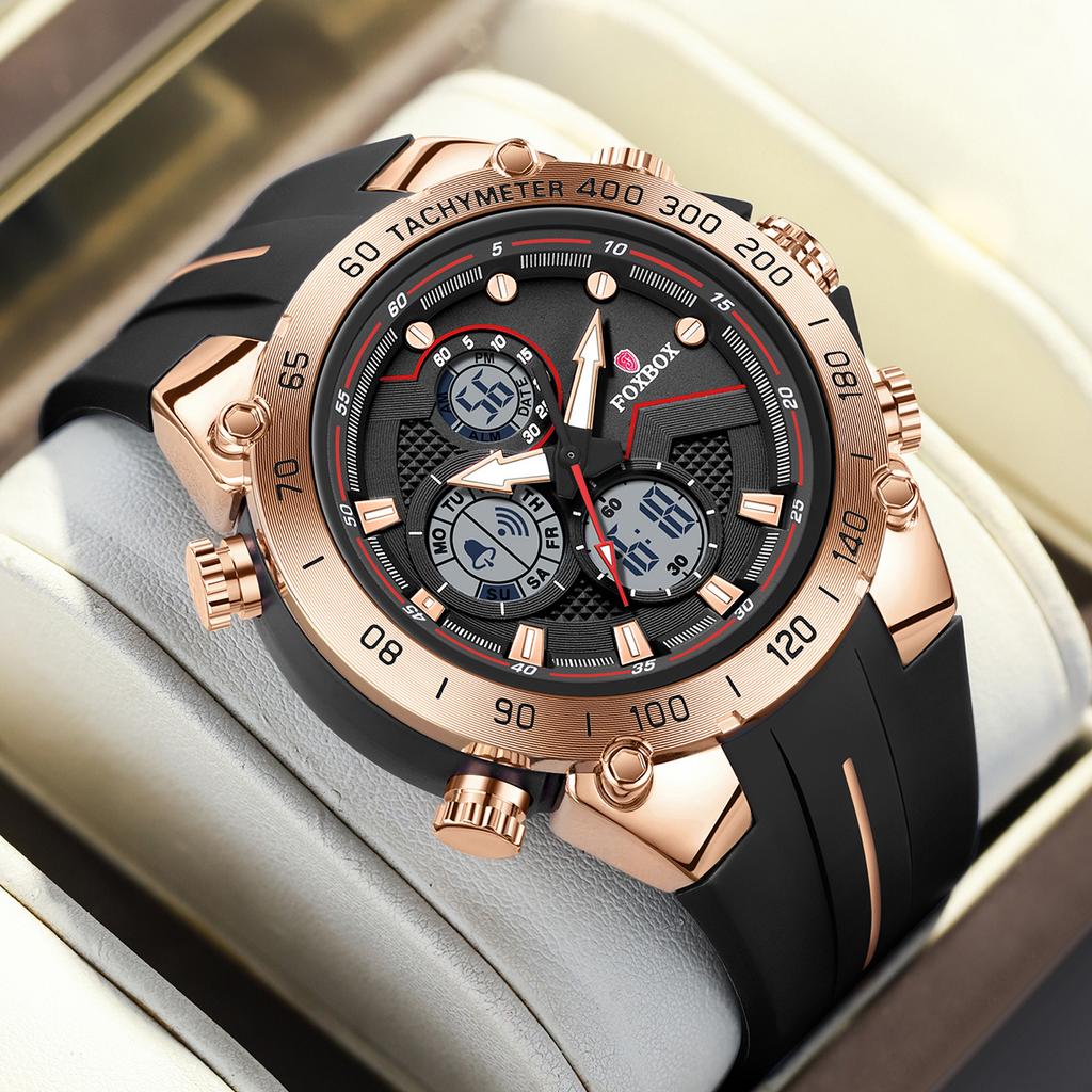 FOXBOX New Mens Watches Luxury Brand Big Dial Watch Men Waterproof Quartz Wristwatch Sports Chronograph Clock Relogio Masculino