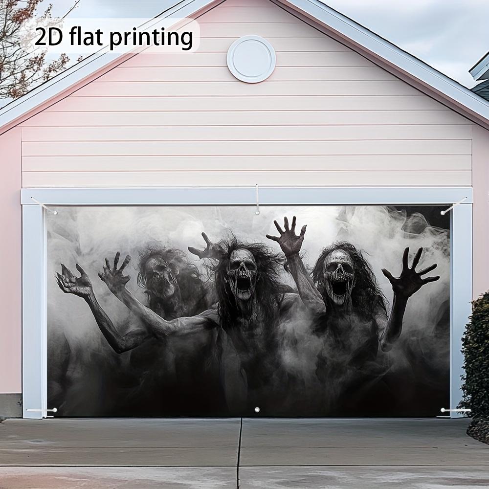 2D door banner, 1pc classic Halloween Ghoul garage door cover - Ghost Zombie reach design, durable polyester