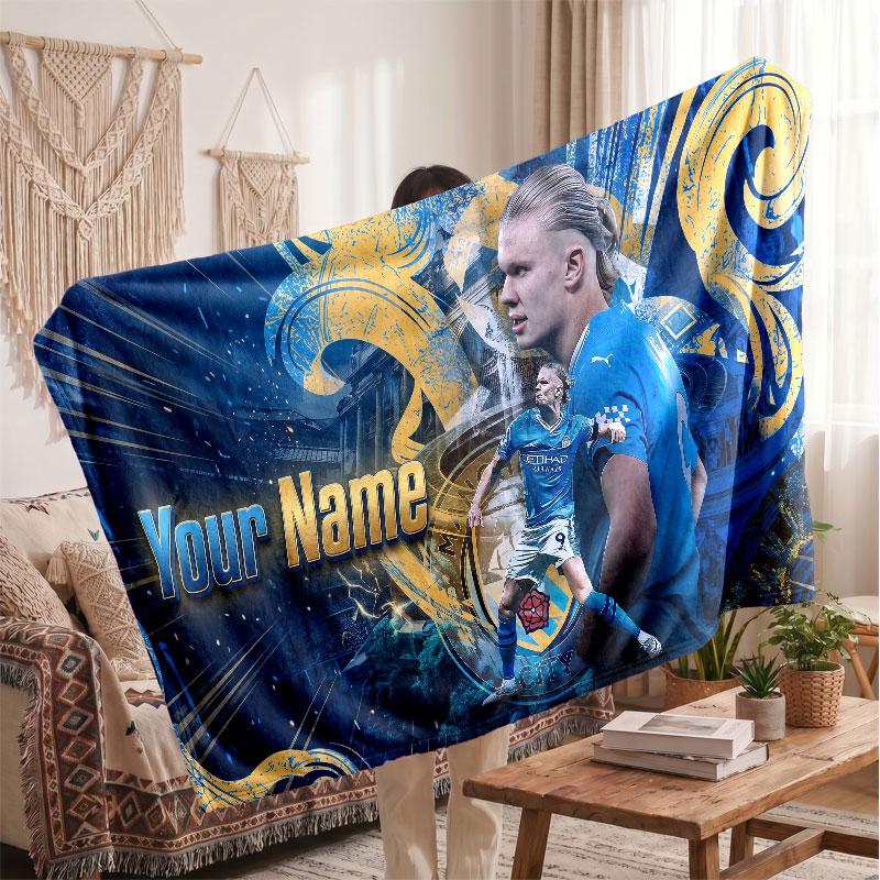 Erling Haaland Personalized Fleece Blanket With Football Logo, Custom Name Text Soft Warm Home Throw Blanket