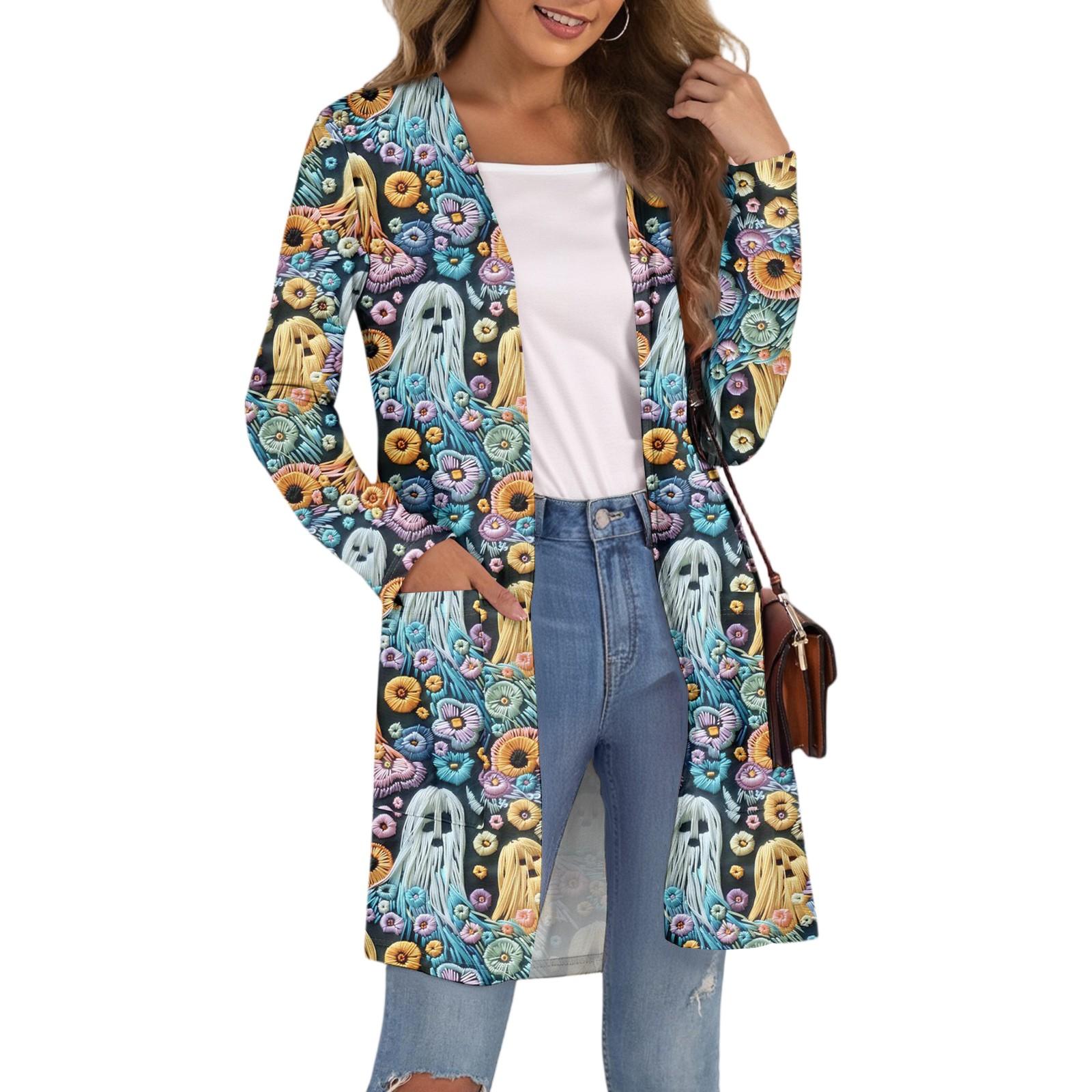 

Женский модный повседневный удобный кардиган средней длины с принтом на Хэллоуин и карманами XL