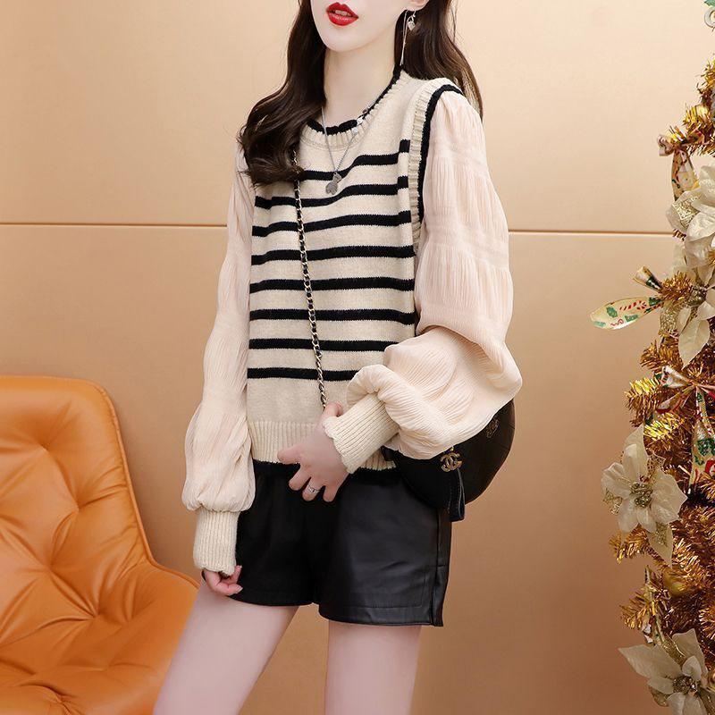 Women's Spliced Striped Knit Sweater with Chiffon Sleeves - Stylish, Loose Fit for Spring and Autumn