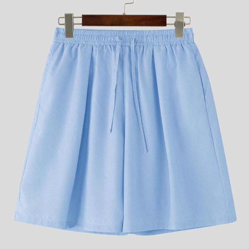 

INCERUN Men Drawstring High Waist Striped Print Casual Loose Cropped Pants Shorts 4XL синий