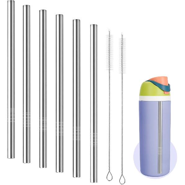 6 PCS Metal Straw Replacement for Owala Freesip 16oz Kids Water Bottle, Reble Stainless Steel Straws with 2 Cleaning Brushes, BPA-free Dishwasher