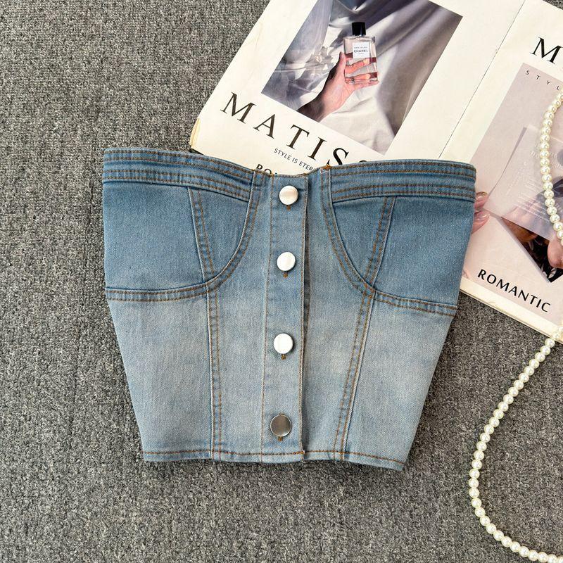 

Американский стиль короткий жилет джинсовая майка женская сексуальная летняя верхняя одежда короткая красивая спина милый и пикантный стиль с открытыми плечами топ-труба топы Blue One size