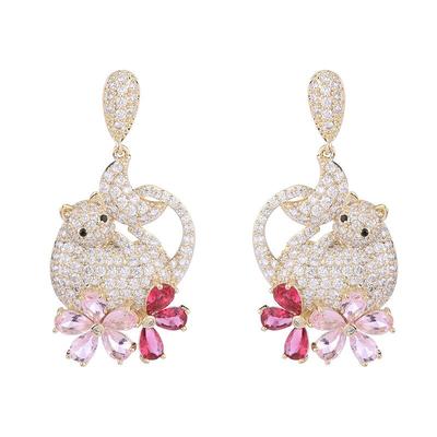 Pendientes colgantes con forma de gato y flor para mujer, aretes con aguja de plata 925, circonita cúbica, colgante de Animal, joyería llamativa