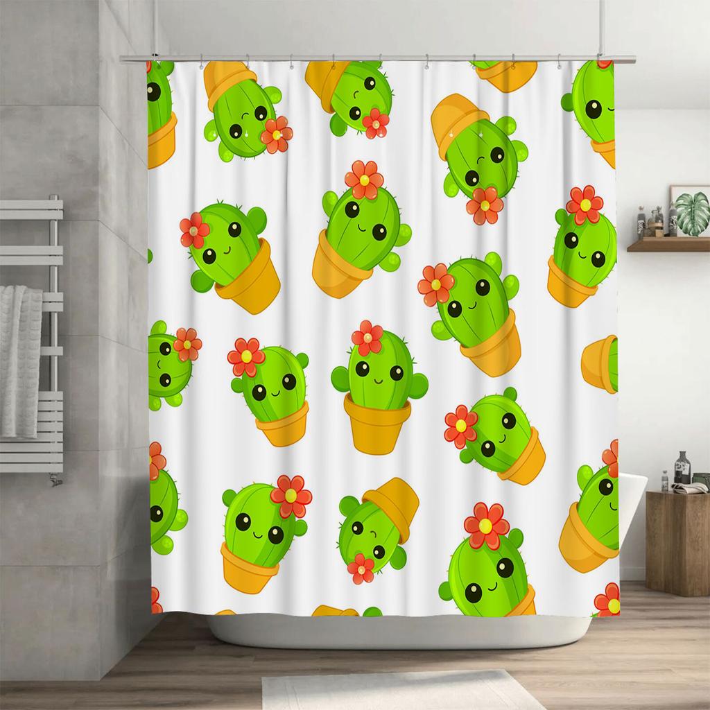 Adorable Cactus Decor Shower Curtain for Bathroom Green Succulent Pattern with Flower Pot Design for Kids Room or Living Space D