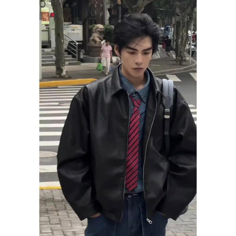 American Retro Black Leather Jacket Men's High-end Feeling Spring and Autumn Clean Fit Cool and Stylish Shoulder Pad Jacket Motorcycle Suit