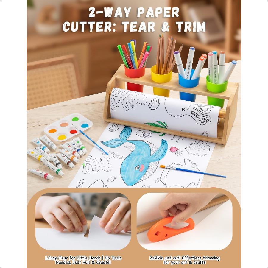 Paper Roll Dispenser for Art Bamboo Tabletop Easel with Blank Patterned Paper Rolls 12 Pigments Drawing Tools Pen Cups Craft St