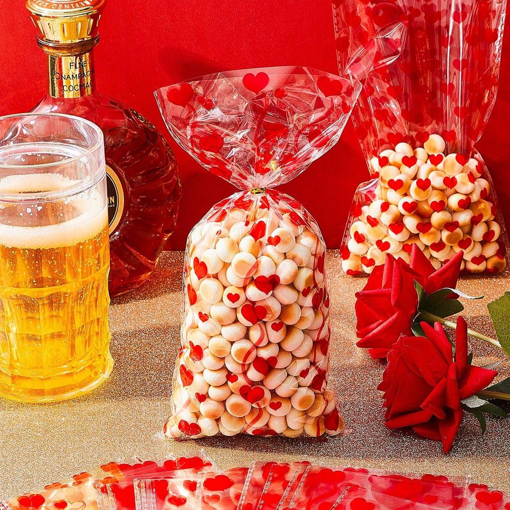 Zonon 200 Pcs Valentine's Day Cellophane Bags 4 Assorted Styles Valentines Treat Bags Cellophane Bags Valentines Candy Bags with 200 Pieces Twist