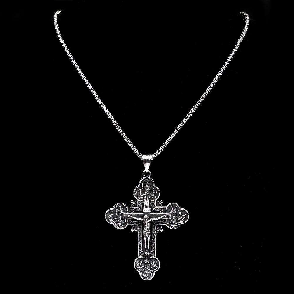 12 Apostles Jesus Crucifix Cross Christian Pendant Necklace for Women Men Stainless Steel Vintage 316L Amulet Chain Jewelry