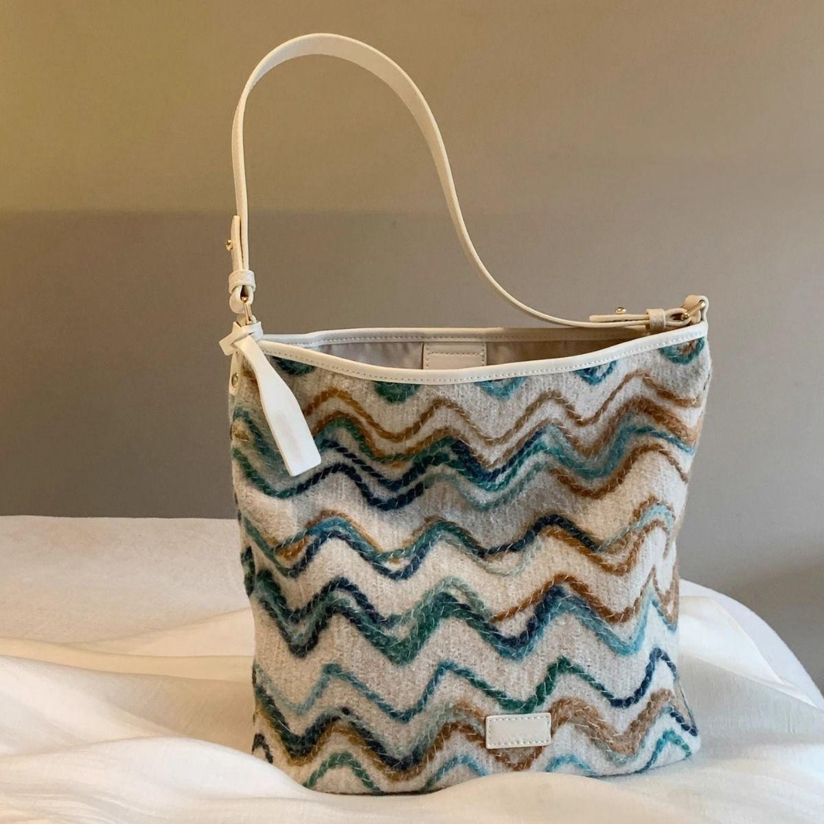 

Сумка-ведро для воды с морской солью и волнами для женщин, новая тканая сумка, повседневная сумка на плечо большой емкости