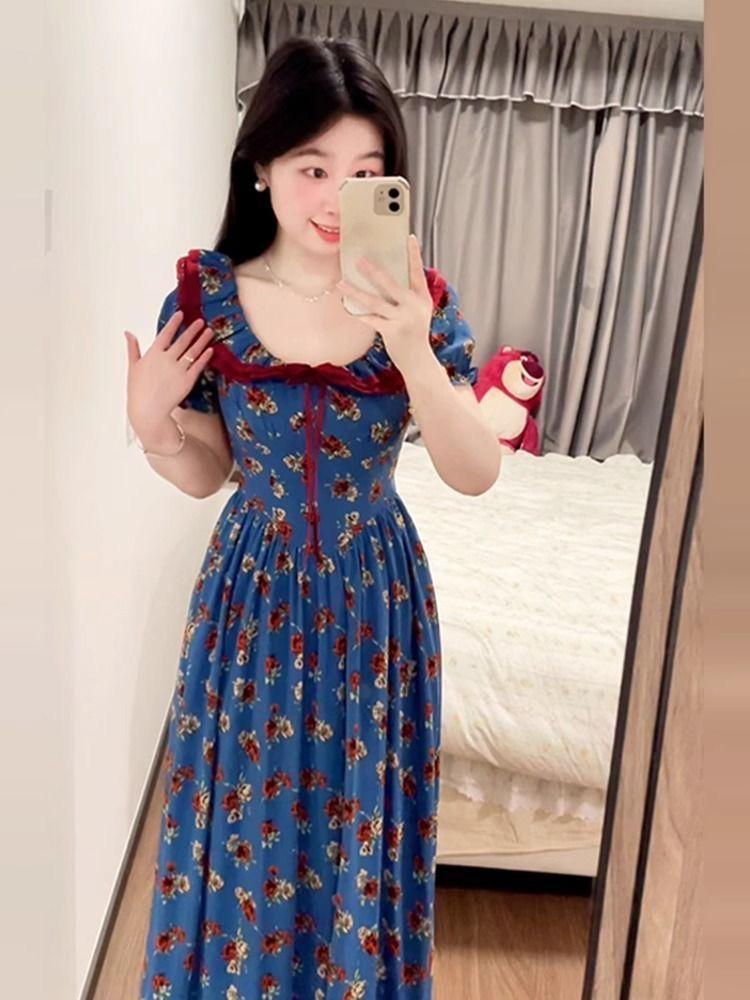 French blue floral dress women's summer new seaside vacation temperament beautiful long dress
