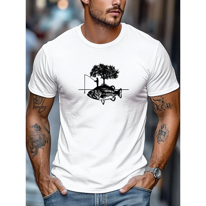 Men's T-shirt, Relaxed and Casual, Simple and Stylish, Men's Fisherman Under a Tree with Big Fish Graphic Summer Casual Crew Neck Short Sleeve T-shirt